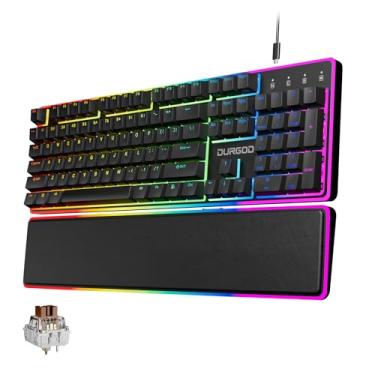 Imagem de DURGOD TGK021 Teclado para jogos com descanso magnético para o pulso, retroiluminação RGB e interruptor tátil marrom de troca a quente – Teclado mecânico com fio de 104 teclas para PC/Mac/Laptop, totalmente anti-ghosting, teclas multimídia