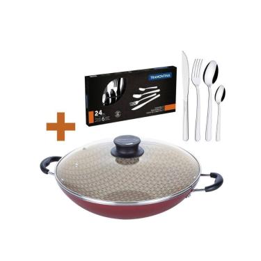 Imagem de Kit - Panela Wok 6l Alumínio 36 Cm Paris Vermelho + 1 Faqueiro Inox 24pç - Tramontina