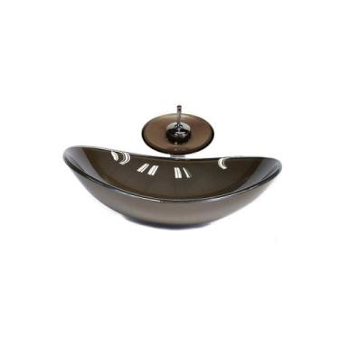 Imagem de Cuba de vidro oval 47cm marrom + valvula + torneira cascata - Cubas e 