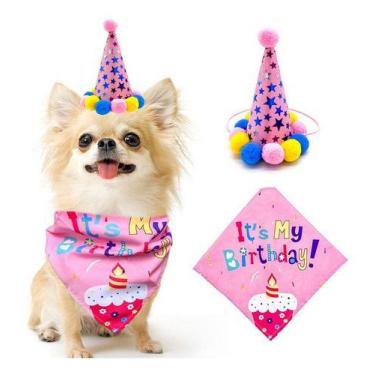 Imagem de Fantasia Pet Kit aniversário Chapéu Cone + Bandana para cães Cachorros