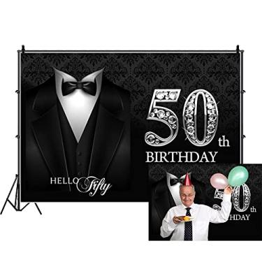 Imagem de DORCEV 3 x 2 m Pano de fundo de fotografia para homem 50º aniversário prata Hello Fifty gravata terno smoking fotografia fundo para decoração de festa banner de aniversário papel de parede banquete foto retrato estúdio adereços