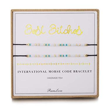 Imagem de Pulseira RareLove 2 peças Best Bitches Amizade Código Morse Inspiração para 3 braceletes de semente de pônei azul branco pequeno com cordão preto