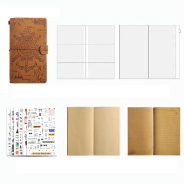Imagem de Caderno de planejamento de viagem retrô, papel kraft de folhas soltas minimalista diário de notas de estudante - caderno HH-01 marrom + 6 adesivos de viagem