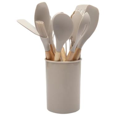 Imagem de HJZSZX Conjunto de utensílios de cozinha de 12 peças, espátula de silicone, alça, resistente ao calor, espátula, colher, escova, batedor para cozinha, cáqui, 12 peças