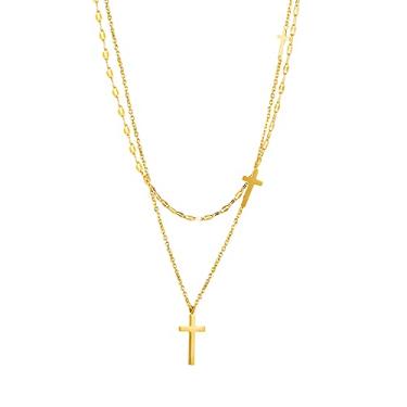 Imagem de Colar gargantilha em camadas com crucifixo de cruz dupla delicada para mulheres, banhado a ouro 14 k, corrente fina, ajustável, presentes inspiradores para mãe, esposa, namorada, Natal, aniversário
