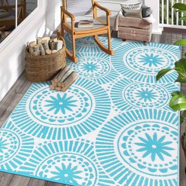 Imagem de Ileading Tapete de plástico reversível para ambientes externos moderno estilo geométrico, tapete impermeável para pátios de 6 x 2,7 m, tapetes de área de decoração portátil sem queda para deck, trailer, piquenique, praia, quintal (1,8 m x 2,7 m) azul-petróleo