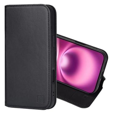 Imagem de 32nd Classic Series 2.0 - Capa flip carteira de couro real para iPhone 16 Plus (6,7 polegadas), com compartimento para cartão com bloqueio RFID, fecho magnético e suporte embutido - preta