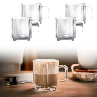 Imagem de Kit 4 Canecas de Café Vidro Canelado Premium Alça Xícaras Graffiato Clássicas 350 ml Frizado Chá Transparente Bebidas Quentes Frias Conjunto De Copos Americano Cappuccino Ripado Friso Frisado