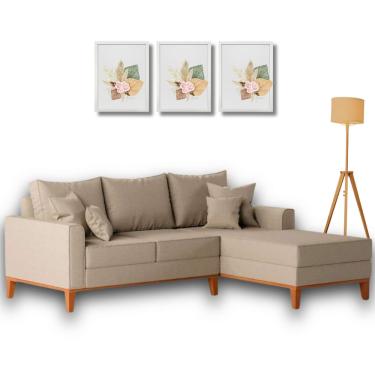 Imagem de Sofá Beny com Chaise Direita, 2,00x1,40m, 3 Lugares, Linho, Base em Madeira.
