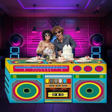 Imagem de Oudain Toalha de mesa de 1,80 m para festa dos anos 80, caixa de boom, toalha de mesa de rádio retrô 182 x 76 cm, capa de mesa de tecido lavável, capa de mesa retangular de poliéster para rádio retrô