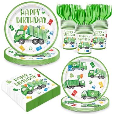 Imagem de XIENBLOC 120 peças de suprimentos de festa caminhão de lixo pratos de papel guardanapos, garfos verdes, conjunto de utensílios de mesa descartáveis, gerenciamento de resíduos, reciclagem, caminhão de