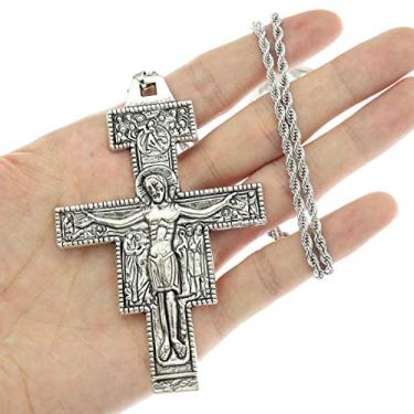 Imagem de RechicGu Colar vintage de São Francisco de Assis 8,4 cm com cruz Tau San Damiano, presente de crucifixo católico, 8.5x5.5cm (3.3x2.2in) pendant, 60cm (23.6in) chain, Metal