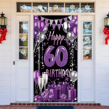 Imagem de Starlit Patio Banner Happy 60th Birthday Backdrop 180,3 x 89 cm Fundo temático roxo diamante brilhante elegante festa de aniversário fotografia fotografia adereço porta fundo para homens mulheres