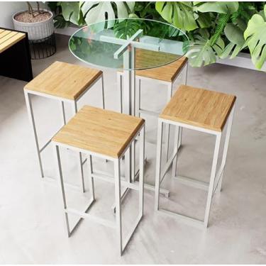 Imagem de Conjunto Mesa Alta Bar Bistrô Redonda Vidro 4 Bancos Pinus Industrial White