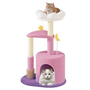 Imagem de Athena Collection Condomínio de árvore de gato pequeno com haste de sisal, torre de árvore de gato moderna com flor fofa de 83 cm com poleiro aconchegante bola de brinquedo para ambientes internos