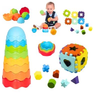 Imagem de Kit de Brinquedos Educativos Infantis, Torre Empilhável Colorida e Cubo de Formas Geométricas, Brinquedo de Encaixar Bebê Desenvolvimento Pedagógico