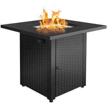 Imagem de LEGACY HEATING Mesa de madeira de propano quadrada de vime e ratã, 71 cm, lareira a gás com tampa, 50.000BTU, pedra vulcânica, certificação ETL, para pátio externo