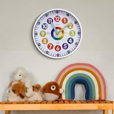 Imagem de Relógio de parede para crianças de 25,4 cm, fácil de ler, silencioso, sem tique-taque, colorido, operado por pilhas, relógio de hora, decoração de parede para quarto de crianças, relógio de ensino,