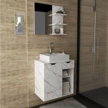 Imagem de Conjunto De Banheiro Com Gabinete Suspenso 60cm E Espelheira Com 3 Prateleiras Mármore/branco