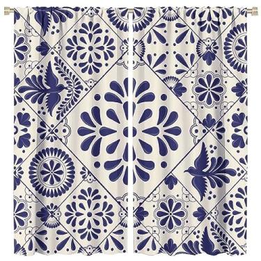 Imagem de Cortinas mexicanas tradicionais, estilo Talavera, bege, mexicano, floral, estampa de pássaros, tratamentos de janela blackout para sala de estar, cozinha, quarto, 107 x 160 cm