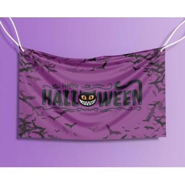 Imagem de Bandeira Decorativa Gato Happy Halloween 80cmx140cm Tecido Oxford 100%