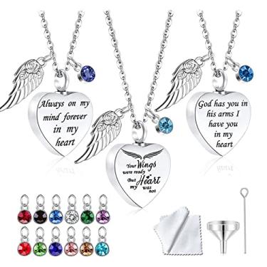 Imagem de Colar de urna de cremação, 3 peças, com pingente de coração e cinzas, medalhão esculpido de aço inoxidável, pingente de memorial com asa de anjo - Your wings were ready But my heart was not, Metal, Sem pedras preciosas,