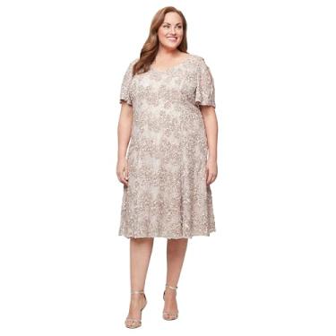 Imagem de Alex Evenings Vestido formal feminino midi com decote em V e renda elástica e lantejoulas com mangas esvoaçantes de ombro vazado (tamanho grande), Polimento, 25 Plus Size