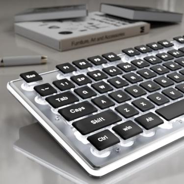 Imagem de SEUNKWANG Teclados de computador retroiluminados EWEADN GX710S, teclado USB com fio com retroiluminação branca, painel de metal, plug and play, teclas de pudim, teclado de computador de tamanho