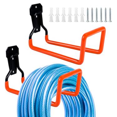 Imagem de Enenes Suporte de parede para mangueira de jardim, pacote com 2 cabides de metal resistente, ganchos de mangueira de água para armazenamento externo e quintal de jardim (laranja)