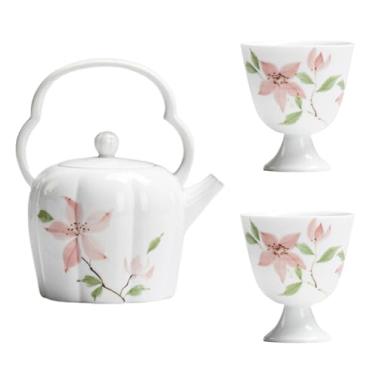 Imagem de Conjunto de chá de gongfu pintado à mão boutique – Flor de pêssego em porcelana branca pura, inclui bule de chá com alça de arco, Gaiwan, xícaras de chá e bandeja de bule, presente de cerimônia de chá