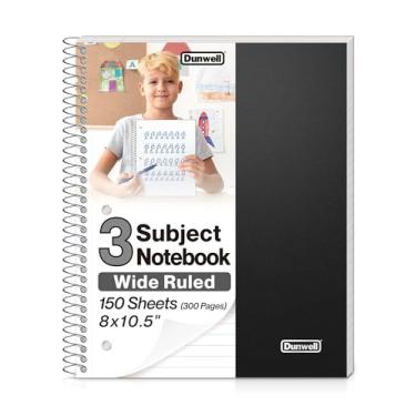 Imagem de Dunwell Caderno espiral de 3 assuntos, papel pautado largo, capa de plástico preto, 150 folhas, caderno espiral de 20 x 25 cm para escola, caderno de três assuntos pautado largo para crianças, caderno