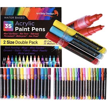 Imagem de 35 canetas de tinta acrílica ArtShip Design Pacote duplo de ponta extrafina e média, qualidade superior, para pintura em pedra, caneca, cerâmica, vidro e tecido, à base de água, atóxica e inodora