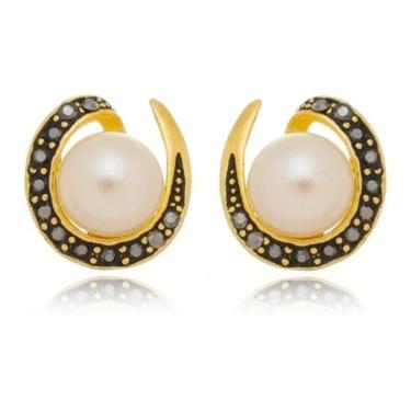 Imagem de Brinco Pedra Hematita E Pérola Folheado A Ouro 18K Festa