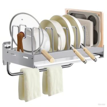 Imagem de IELECMG Rack de panela pendurado, organizador de panelas e frigideiras montadas na parede com 7 divisórias ajustáveis, suporte de tábua de corte de aço, bandeja de água e rack de pendurar