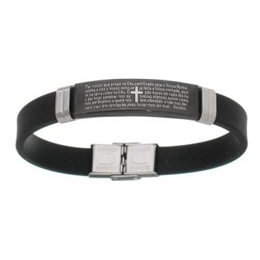 Imagem de Pulseira Pai Nosso Preta Ajustável Aço Inox Silicone Adulto infantil -