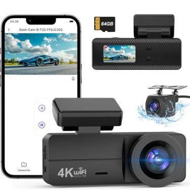 Imagem de Câmera veicular 4K frontal e traseira, câmera de painel WiFi com cartão de 64 GB, câmera de painel 4K + 1080P para carros, câmera de carro WiFi com controle de aplicativo, câmera de painel de tela de