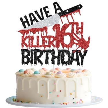 Imagem de Have a Killer 16th Birthday Cake Topper, Happy 16th Birthday Cake Decorations, Bloody I'm 16, Halloween Horror Zombie Vampire 16th Bday Party Decorations Glitter
