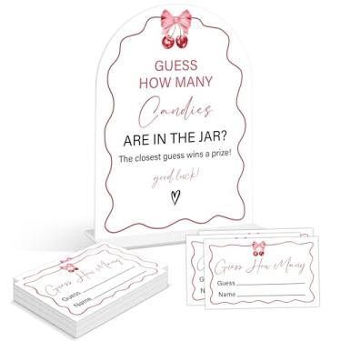 Imagem de Jogos de chá de bebê - Cherry Guess How Many Doces Are in the Pote, 1 placa de acrílico de arco e 50 cartas de adivinhação, jogo de revelação de gênero, suprimentos de decoração de chá de bebê cereja