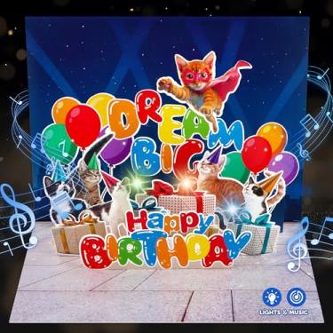 Imagem de D4DREAM Cartão musical de aniversário de gatos - Cartão Pop Up Happy Birthday Kitten Big Dream (Cat-Superman)