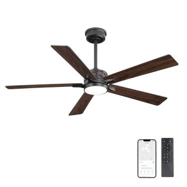 Imagem de WINGBO Ventilador de teto inteligente de 132 cm com luzes, lâminas pretas/nogueira, motor CC reversível de 6 velocidades, funciona com Alexa e Google Assistant, ventilador de teto de LED regulável