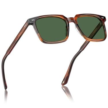 Imagem de CARFIA Óculos de sol retrô de acetato para homens com proteção UV polarizada, óculos escuros masculinos quadrados modernos para dirigir ao ar livre, 1. Armação listrada marrom, lente verde, tamanho �