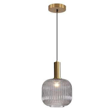 Imagem de BOKT Luminária pendente de globo dourado moderno 1 luz de meados do século cinza fumaça pingente de teto bola de vidro lâmpada pendente redonda única latão escovado luminária pendente ilha de cozinha