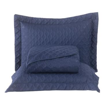 Imagem de Colcha Coxa Cobre Leito Jogo Roupa Cama Casal Queen 3 Pçs Matelado Bordado Macio Basico Luxo Azul Marinho
