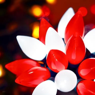 Imagem de Lâmpadas grandes vermelhas e brancas C9 clássicas luzes de Natal 50 LED 9,8 m luz de morango - Luzes de fada de fio verde à prova d'água, para decoração de árvore de Natal em ambientes internos e