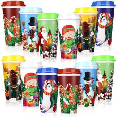 Imagem de Tioncy 12 peças de copos de café reutilizáveis de Natal presente 473 ml com tampas copos de plástico caneca de café de viagem presentes de agradecimento para o inverno (homem de neve)