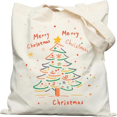 Imagem de Dyale Bolsa feminina de lona com fecho de pressão, sacola de Natal estampada dupla face com alças largas nos ombros e bolso interno para viagem, compras, trabalho, viagens