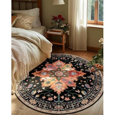 Imagem de RELEANY Tapetes de área de 1,2 m lavável, antiderrapante, floral, vintage, estampa de angústia, tapete medalhão para sala de estar, quarto, sala de jantar, preto, colorido, floral, castanho-escuro