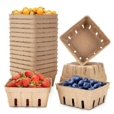 Imagem de Pacote com 20 cestas de fibra de polpa natural, cesta ventilada pequena de produtos moldados, suprimentos de cozinha para morango, mirtilo, framboesa, bandeja de frutas para fazendeiros de frutas e