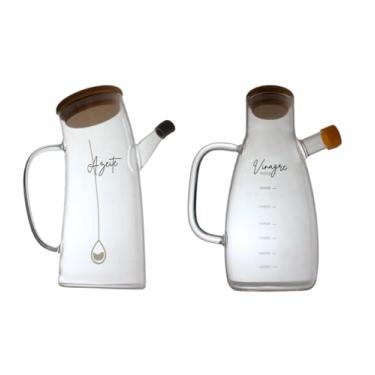 Imagem de Conjunto de Galheteiros de Vidro com Tampa de Bambu, 2 Peças, para Azeite e Vinagre, com Medidor Graduado
