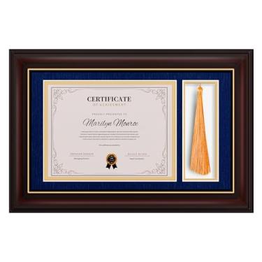 Imagem de TngHui Moldura de madeira para diploma de 11 x 17 com suporte de borla para 21 x 28 cm, moldura de grau de certificado de documentos, para montagem na parede/na mesa, tapete duplo azul-marinho com